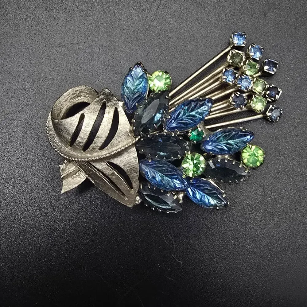 Blue Green Rhinestone Bouquet Brooch UV Glow Vintage Costume Jewelry